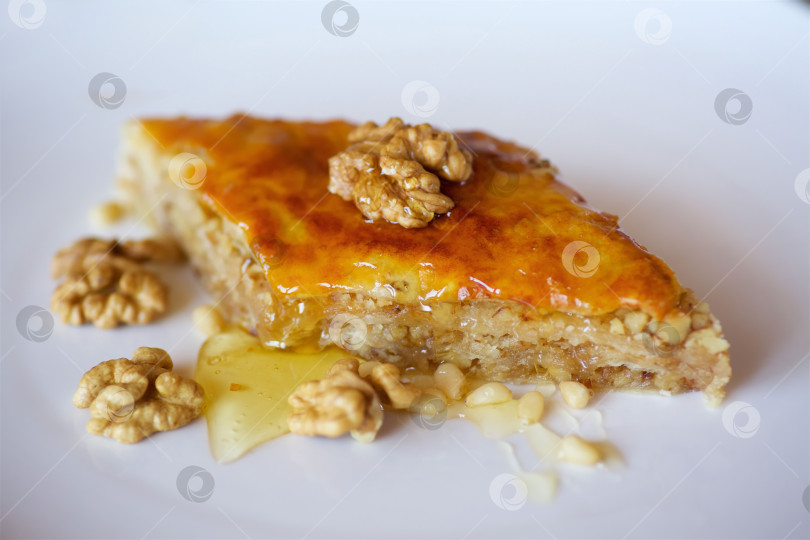 Скачать Десерт крупным планом - это кусочек торта с грецкими орехами, медом и кедровыми орешками. фотосток Ozero
