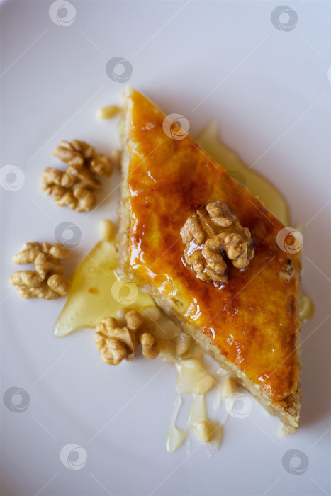 Скачать Десерт крупным планом - это кусочек торта с грецкими орехами, медом и кедровыми орешками. фотосток Ozero