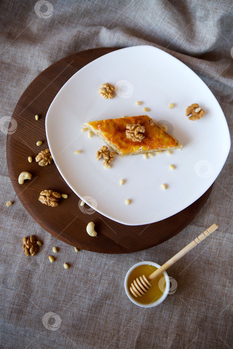 Скачать Десерт крупным планом - это кусочек торта с грецкими орехами, медом и кедровыми орешками. фотосток Ozero