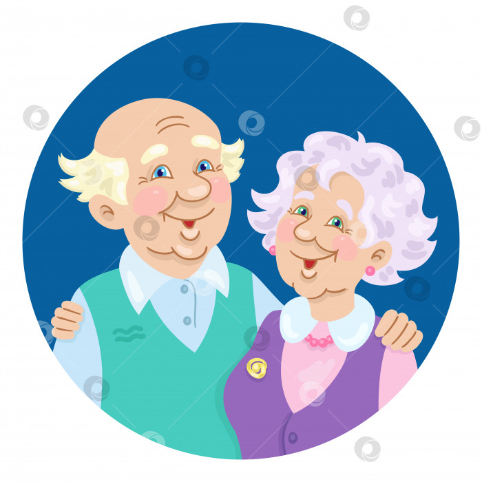 Скачать Портрет милой пожилой пары. Взрослые мужчина и женщина обнимаются. Значок аватара в темно-синем круге. фотосток Ozero