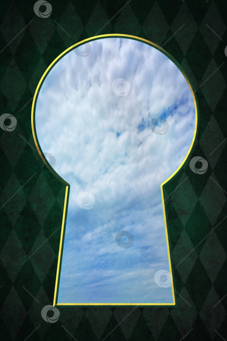 Скачать Золотая рамка с замочной скважиной и голубым небом на зеленом клетчатом фоне фотосток Ozero