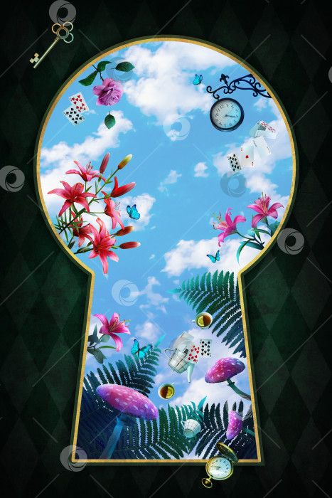 Скачать Фон с изображением Страны чудес. Рамка из роз и золотая замочная скважина на клетчатом фоне. иллюстрация фотосток Ozero