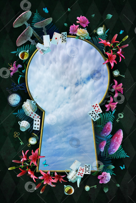 Скачать Фон с изображением Страны чудес. Рамка из роз и золотая замочная скважина на клетчатом фоне. иллюстрация фотосток Ozero