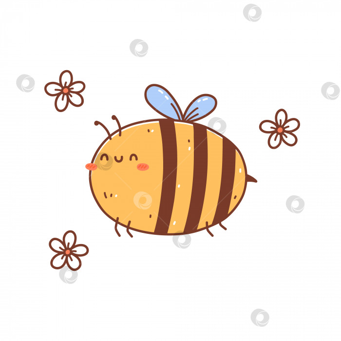 Скачать Симпатичная летающая пчела среди цветов, изолированных на белом фоне. Векторная рисованная иллюстрация в стиле каваи. Идеально подходит для открыток, принтов, футболок, плакатов, украшений, логотипов, различных дизайнов. фотосток Ozero