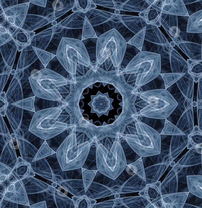 Скачать Элегантный абстрактный фрактальный узор. Легкий прозрачный цветок внутри многоугольного узора на черном фоне. 3D-рендеринг. 3D-иллюстрация. фотосток Ozero
