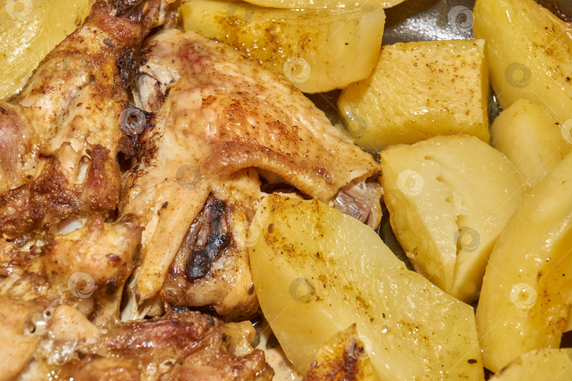 Скачать Запеченные в духовке кусочки курицы с ломтиками картофеля и смесью приправ. фотосток Ozero