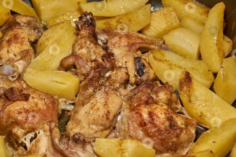 Скачать Запеченные в духовке кусочки курицы с ломтиками картофеля и смесью приправ. фотосток Ozero
