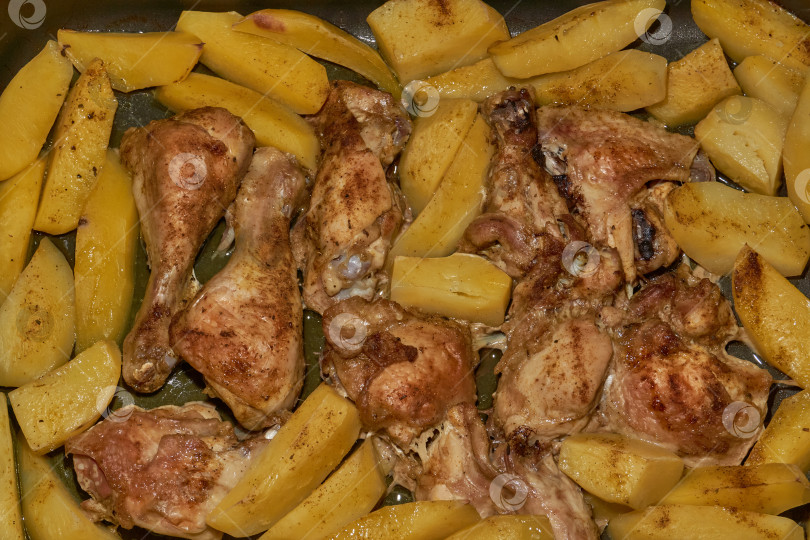 Скачать Запеченные в духовке кусочки курицы с ломтиками картофеля и смесью приправ. фотосток Ozero