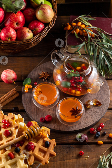 Скачать Осенний чай с ягодами и медом. Облепиха и малина в стеклянном чайнике, чашки с разлитым чаем. Яблоки и вафли с медом. фотосток Ozero