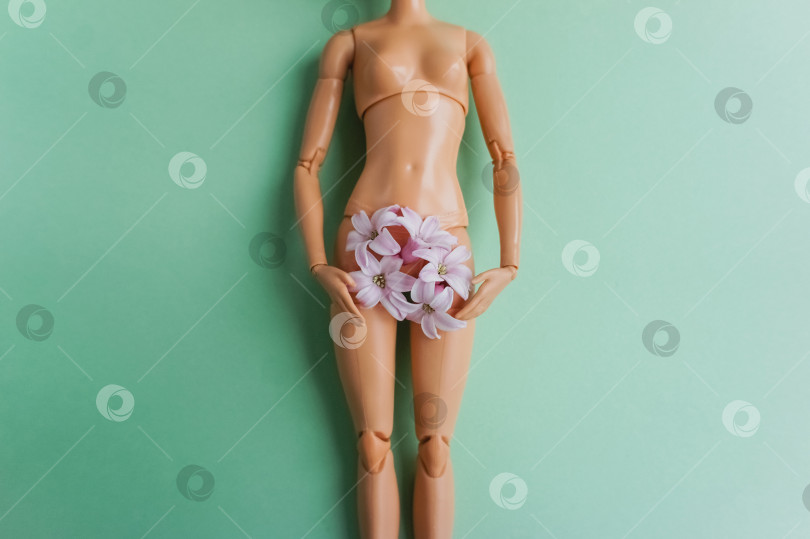 Скачать Нижняя часть живота куклы украшена цветами. Фотография в мягком фокусе. Концепция гинекологии по уходу за телом и женское здоровье. фотосток Ozero