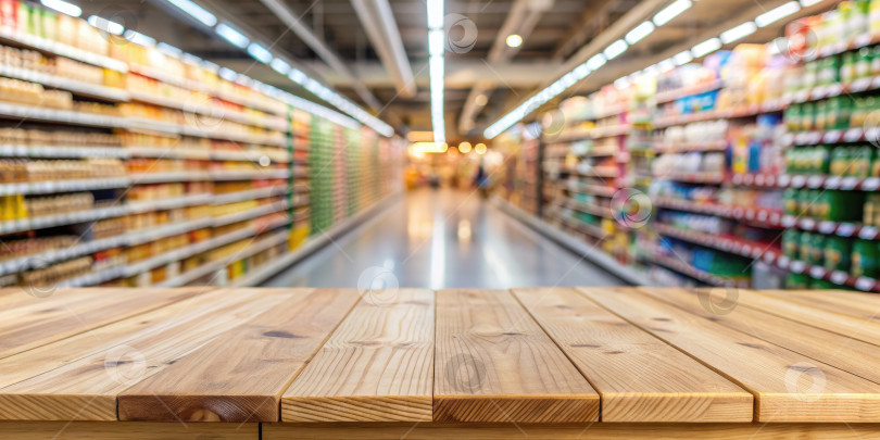 Скачать Деревянный стол в проходе продуктового магазина. Порождающий искусственный интеллект фотосток Ozero