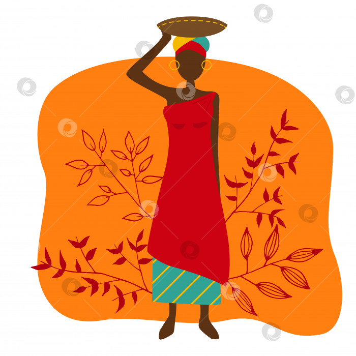 Скачать Красочная векторная иллюстрация девушки из Танзании. Африканская женщина с листьями на оранжевом фоне. фотосток Ozero