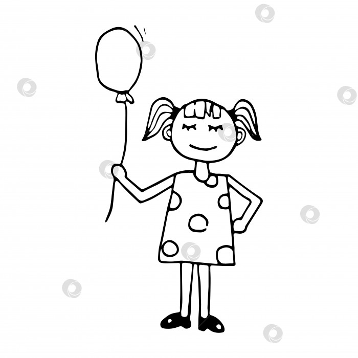Скачать Нарисованные от руки каракули маленькой девочки с воздушным шариком. Черно-белый симпатичный малыш. Контур. фотосток Ozero