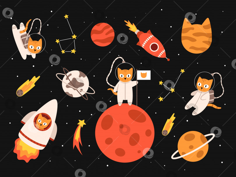 Скачать Векторный милый набор с кошками в космосе. Кошки-астронавты и планеты. Космические ракеты, кометы и созвездия. Галактика в оранжевом и красном цветах. фотосток Ozero