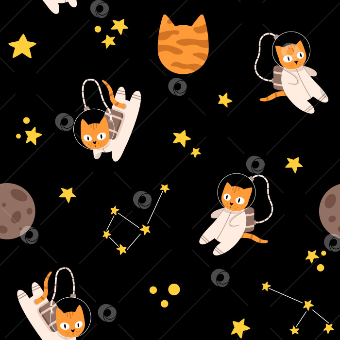 Скачать Векторный бесшовный узор с милыми кошачьими астронавтами, созвездиями и планетами. Забавный фон с кошками в космосе среди звезд. фотосток Ozero
