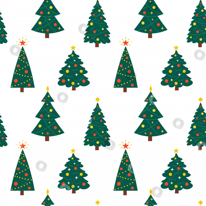 Скачать Векторный бесшовный узор с рождественскими елками. Симпатичный новогодний узор на белом фоне. Милые вечнозеленые ели. фотосток Ozero