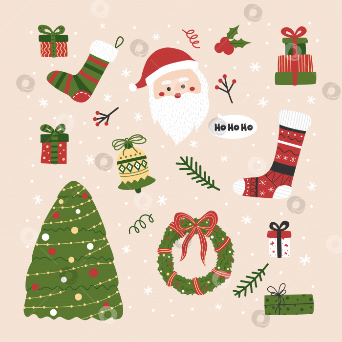 Скачать Рождественский и новогодний набор. Векторная иллюстрация с рождественской елкой, Сантой, подарками и носками. Элементы зеленого, красного и белого цветов. Красочная иллюстрация к зимнему празднику. фотосток Ozero