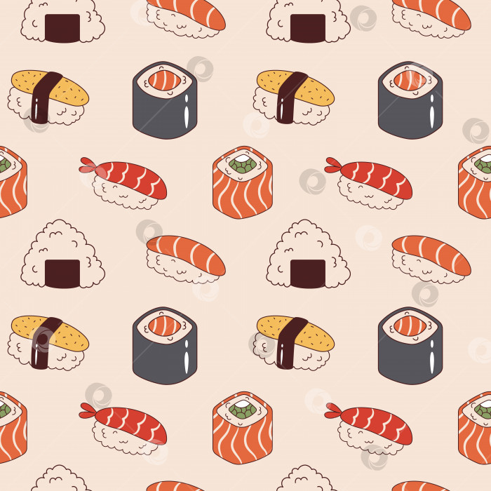 Скачать Векторный бесшовный узор с суши и онигири. На заднем плане - суши саке, эби нигири, филадельфия и суши-ролл маки. Азиатская кухня. фотосток Ozero