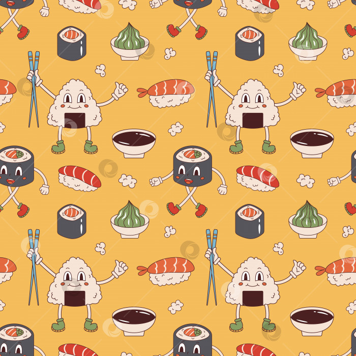 Скачать Векторный бесшовный узор с суши, васаби, соевым соусом и талисманом онигири в стиле ретро. Суши-роллы на желтом фоне 70-х годов. Вкусная азиатская кухня. фотосток Ozero