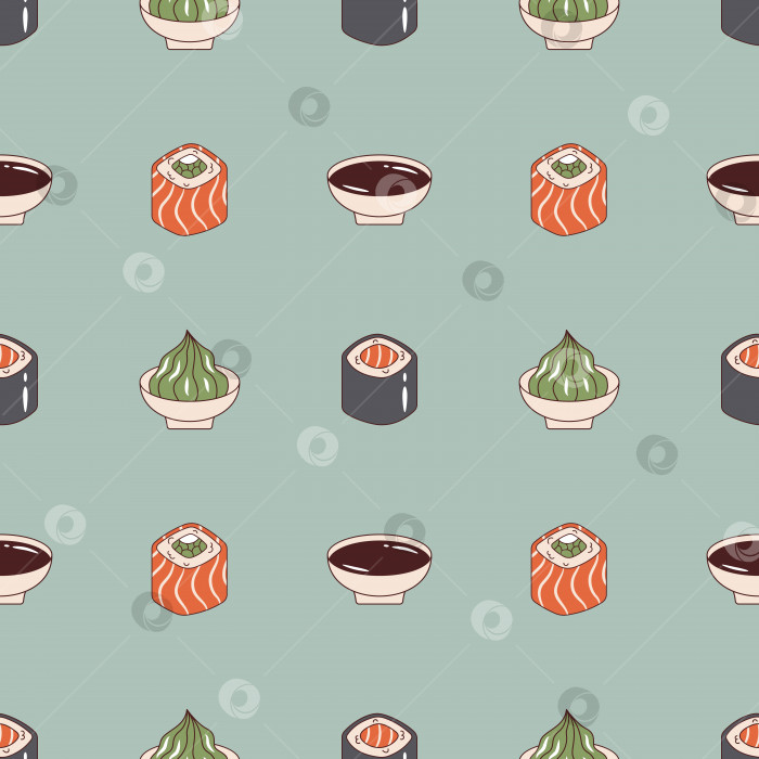 Скачать Векторный бесшовный узор с суши-роллом, соевым соусом и васаби в стиле ретро. Предыстория с японской кухней 70-х годов. фотосток Ozero