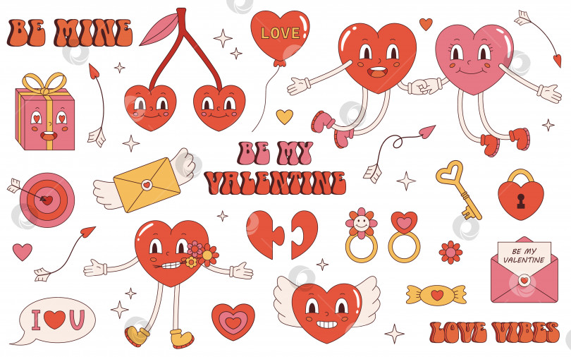 Скачать Векторный ретро-любовный набор. Коллекция наклеек Y2k hearts. Счастливого дня Святого Валентина. Любовные письма и сердечки в мультяшном стиле 70-х годов. Розовая, красная и желтая винтажная иллюстрация в плоском дизайне. фотосток Ozero