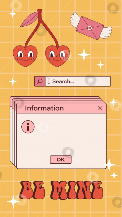 Скачать Векторный ретро-шаблон Ig stories для дня Святого Валентина. Винтажная рамка для текста 90-х годов y2k. Желтый клетчатый фон с сердечками и звездами. Любовь и романтика. Дизайн социальных сетей. фотосток Ozero