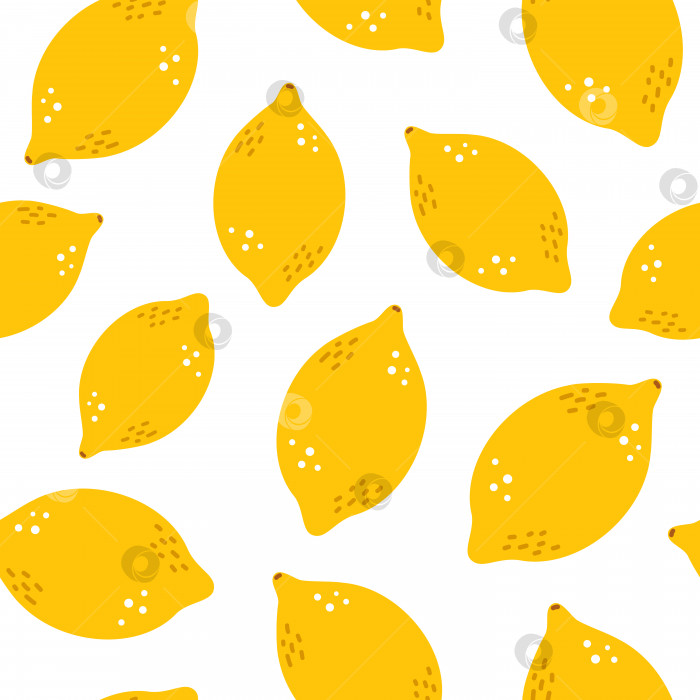 Скачать Векторный бесшовный узор с лимонами. Желтые тропические фрукты на белом фоне. Летний фон со свежими сочными лимонами. Ботанический узор с цитрусовыми фруктами. фотосток Ozero