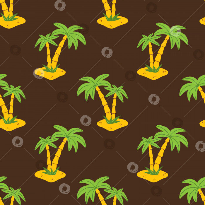 Скачать Векторный бесшовный узор с пальмой в плоском дизайне. Две пальмы на пляже на коричневом фоне. Летний тропический узор с кокосовой пальмой. Бесшовный темный фон с экзотическим пейзажем. фотосток Ozero