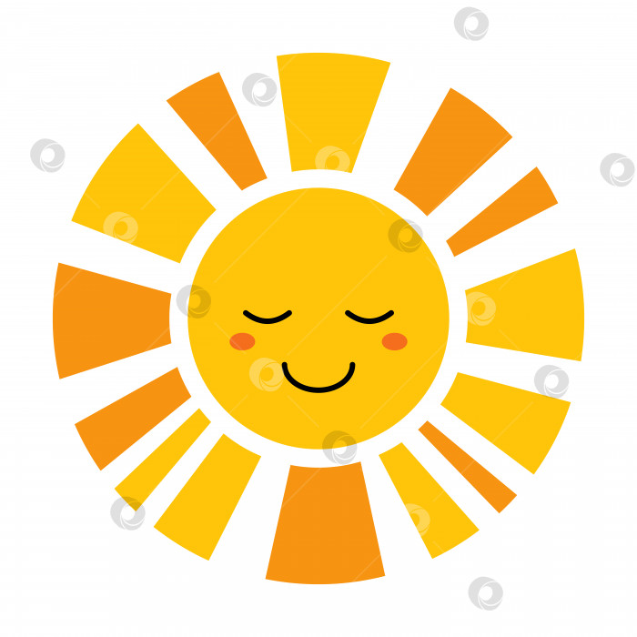 Скачать Векторное улыбающееся солнце в плоском дизайне. Позитивная иллюстрация спящего солнца с лицом. По-детски милый солнечный эмодзи. Кавайное солнышко с солнечными зайчиками. Детское солнышко с румянцем. фотосток Ozero