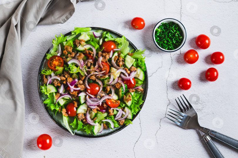 Скачать Вкусный салат с мясным фаршем, помидорами, огурцом, луком и листьями салата на тарелке, вид сверху фотосток Ozero