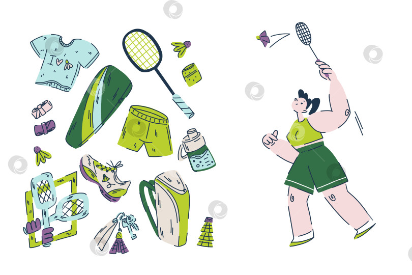 Скачать Игривая коллекция бадминтона в зеленых тонах, спортивная девушка, играющая с ракеткой и воланом, хобби и спортивные занятия фотосток Ozero
