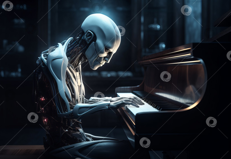 Скачать Робот-киборг исполняет музыку на пианино. Сгенерированный искусственным интеллектом фотосток Ozero