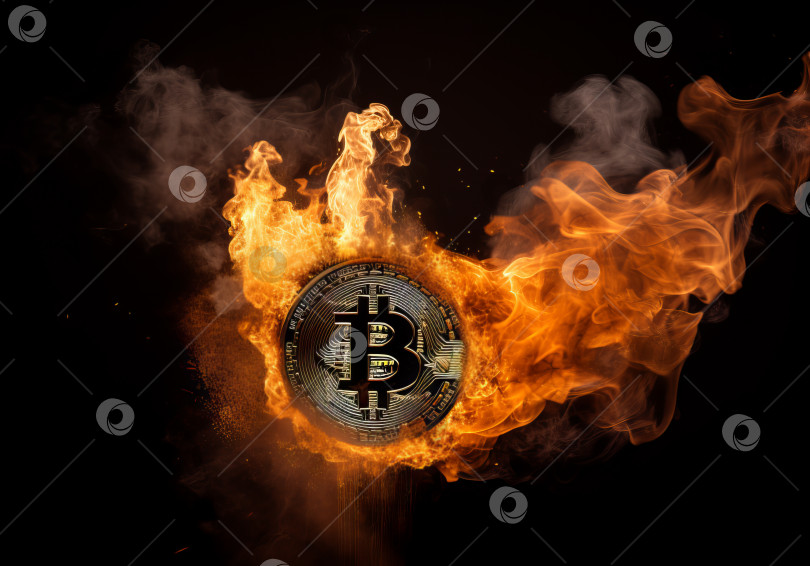 Скачать Золотая криптовалюта биткоин, раскаленная докрасна, охвачена пламенем на пике волатильности, генерируемой искусственным интеллектом фотосток Ozero