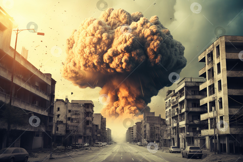 Скачать Взрыв ядерной бомбы в крупном городе, ядерная война, полностью сгенерированная искусственным интеллектом фотосток Ozero