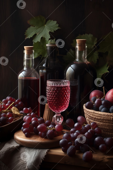 Скачать Натюрморт с красным виноградом и бутылками домашнего вина, созданный искусственным интеллектом фотосток Ozero