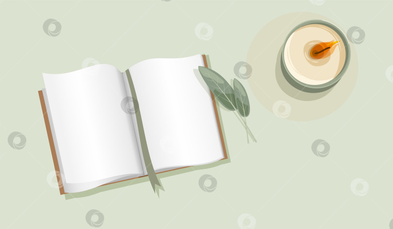 Скачать Открытая книга в стиле минимализма с изображением веточки шалфея и горящей свечи для чтения в стиле Хюгге, брендинга и обучения травам. фотосток Ozero