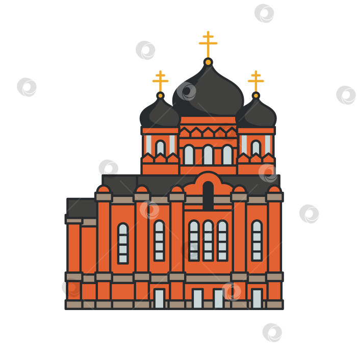 Скачать Исторический православный собор с черными куполами на белом фоне. Плоская иллюстрация традиционной религиозной архитектуры фотосток Ozero