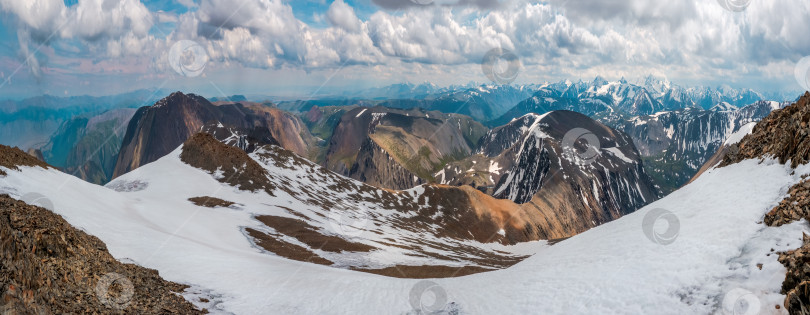 Скачать Широкая панорама зимнего Горного Алтая. Заснеженное высокогорное плато. фотосток Ozero