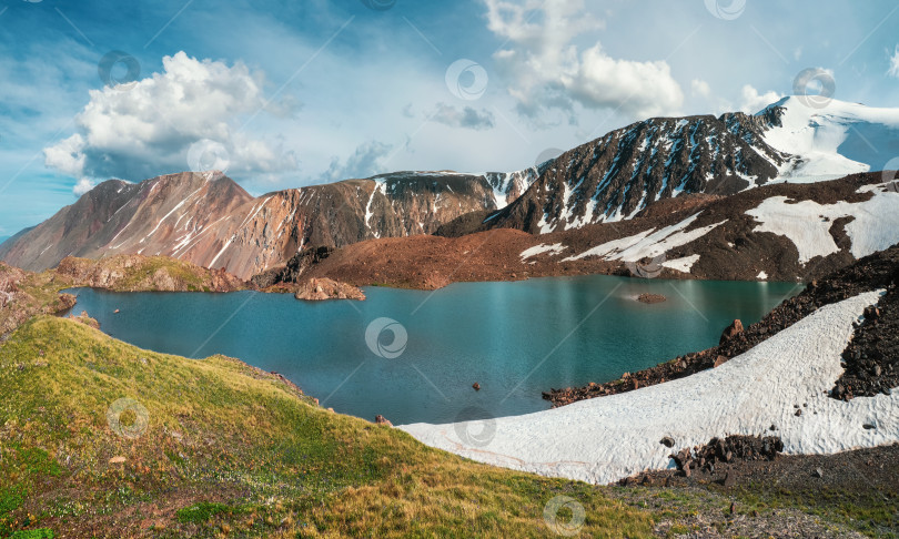 Скачать Панорамный вид на голубое чистое горное озеро на Алтае с палатками на берегу. Красивое бирюзовое озеро. Необычное прозрачное озеро в осеннюю пору. фотосток Ozero