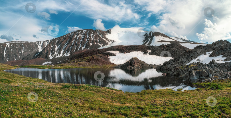 Скачать Панорамный вид на чистое горное озеро на Алтае с палатками на берегу. Красивое бирюзовое озеро. Необычное прозрачное озеро в осеннюю пору. фотосток Ozero