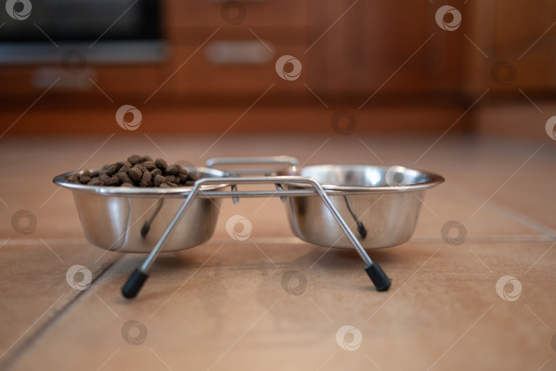 Скачать Миски для домашних животных с сухим кормом на полу концепция ухода за домашними животными фотосток Ozero