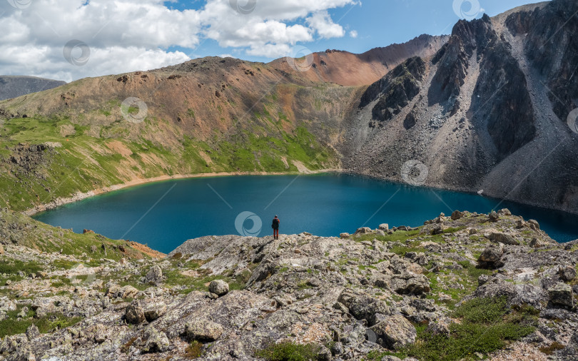 Скачать Панорамный вид на горное озеро на фоне гор. Атмосферный зеленый пейзаж с озером в высокогорной долине. Великолепный пейзаж с горным озером в Хайленд-Глен фотосток Ozero