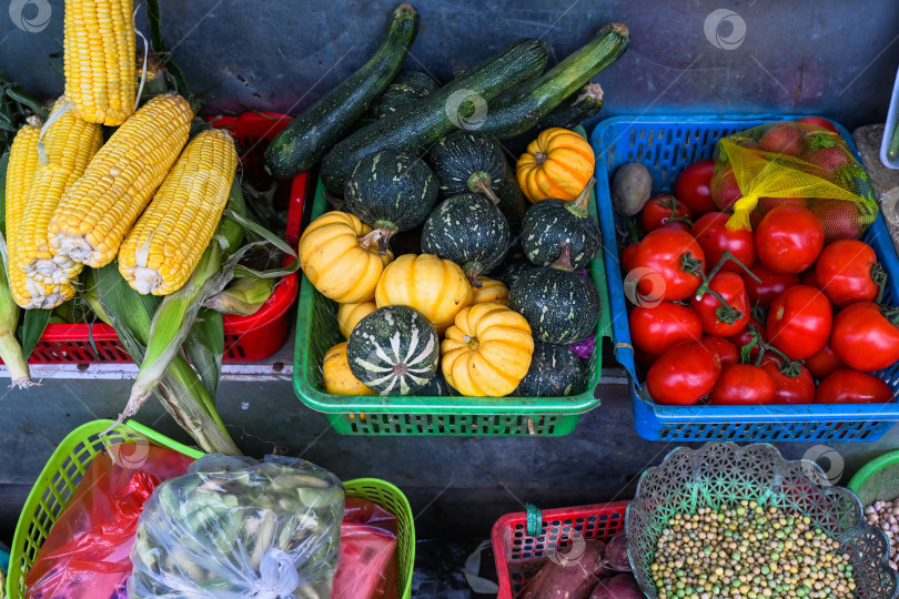 Скачать Красочная выставка свежих овощей включая мини тыквы сладкую кукурузу и красные помидоры на традиционном уличном рынке во Вьетнаме фотосток Ozero