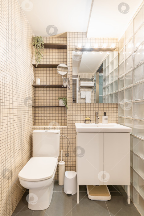 Скачать Стильная небольшая ванная комната с унитазом и раковиной с полочками на фоне бежевой мозаичной плитки и стеклянных кирпичей стены. Концепция стильных решений в небольшом пространстве фотосток Ozero