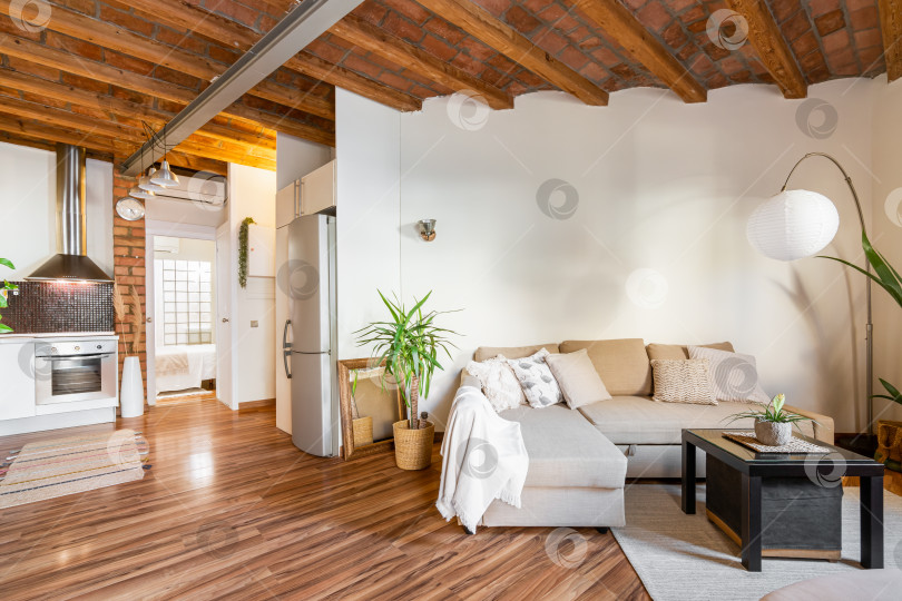 Скачать Современный дизайн гостиной-студии с уголком с диванами с видом на кухонную зону с деревянными полами и потолками. Европейская концепция дизайна фотосток Ozero