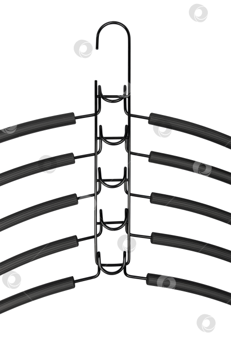 Скачать Черная металлическая вешалка 5-в-1 — Компактный вертикальный органайзер для шкафа, выделенный крупным планом на белом фоне фотосток Ozero