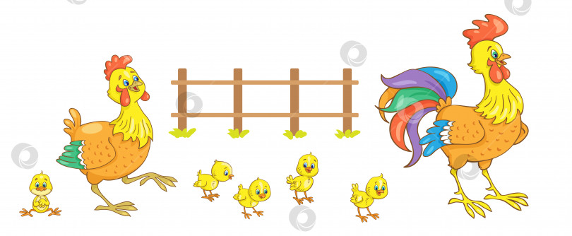 Скачать Куриное семейство. Петушок, курица и пять забавных цыплят. фотосток Ozero