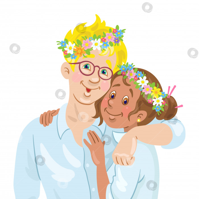 Скачать Портрет счастливой пары - мальчика и девочки в цветочных венках. фотосток Ozero