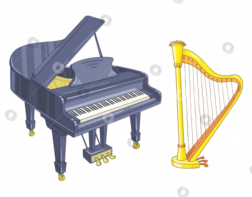 Скачать Музыкальные инструменты. Концертный рояль и арфа в мультяшном стиле. фотосток Ozero
