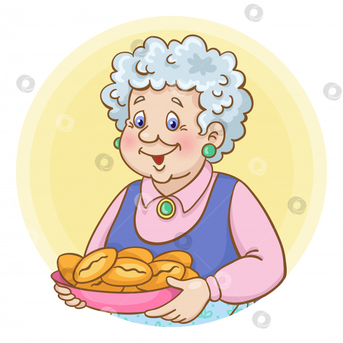 Скачать Симпатичная бабушка с тарелкой пирогов в руках. Значок аватара в мультяшном стиле. фотосток Ozero